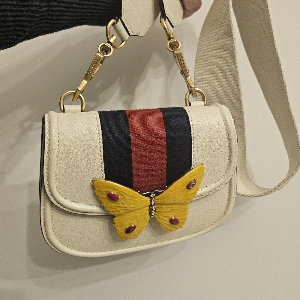 Gucci Butterfly Mini Shoulder Bag – Web Stripe, Cream Leather (Style 505383)